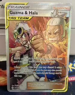 Pokemon Guzma Hala Cosmic Eclipse TCG Full Art Holo Card 229/236 Ultra Rare - Image 1