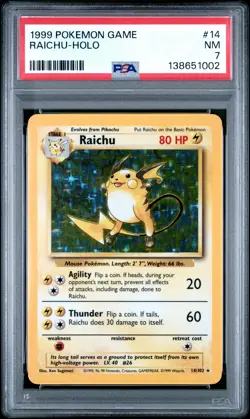 1999 POKEMON BASE SET UNLIMITED #14 RAICHU-HOLO PSA 7 - Image 1