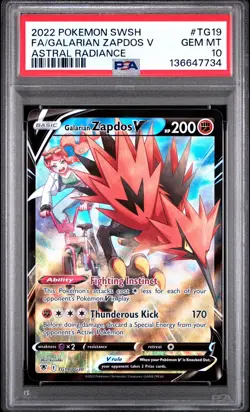 2022 Pokemon Sword & Shield Astral Radiance Galarian Zapdos V #TG19 Fa PSA 10 - Image 1