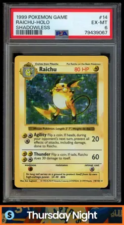 1999 POKEMON SHADOWLESS #14/102 RAICHU RARE HOLO PSA 6 - Image 1