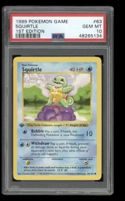 Pokemon TCG Squirtle 1st Edition Base Set Shadowless PSA 10 Card 63/102 - Image 1