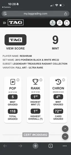 2013 POKEMON B&W LEGEND TREASURES RADIANT COLL #RC22 FULL ART/RESHIRAM TAG 9 - Image 3
