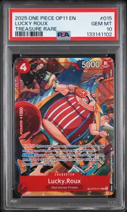 2025 ONE PIECE OP11-A FIST OF DIVINE SPEED TREASURE RARE #015 LUCKY ROUX PSA 10 - Image 1