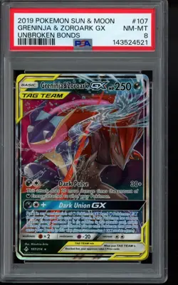 PSA 8 - 2019 Greninja & Zoroark GX 107/214 Sm-Unbroken Bonds Holo Pokemon - Image 1