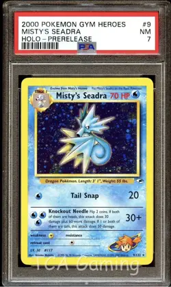 PSA 7 NM Misty's Seadra 9/132 PRERELEASE Gym Heroes HOLO PROMO Pokemon Card - Image 1