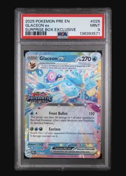 2025 POKEMON PRE EN-PRISMATIC EVOLUTIONS SURPRISE BOX EXCLUSIVE GLACEON EX PSA 9 - Image 1