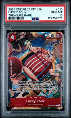 2025 ONE PIECE OP11-A FIST OF DIVINE SPEED TREASURE RARE #015 LUCKY ROUX PSA 10 - Image 1