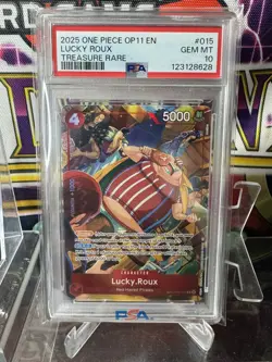 2025 ONE PIECE OP11-A FIST OF DIVINE SPEED TREASURE RARE #015 LUCKY ROUX PSA 10 - Image 1