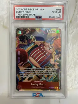 2025 ONE PIECE OP11-A FIST OF DIVINE SPEED TREASURE RARE #015 LUCKY ROUX PSA 10 - Image 1