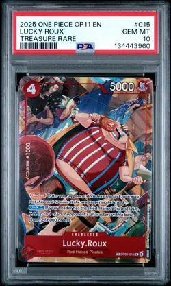 2025 ONE PIECE OP11-A FIST OF DIVINE SPEED TREASURE RARE #015 LUCKY ROUX PSA 10 - Image 1