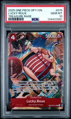 2025 ONE PIECE OP11-A FIST OF DIVINE SPEED TREASURE RARE #015 LUCKY ROUX PSA 10 - Image 1