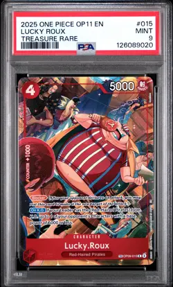 2025 ONE PIECE OP11-A FIST OF DIVINE SPEED TREASURE RARE #015 LUCKY ROUX PSA 9 - Image 1