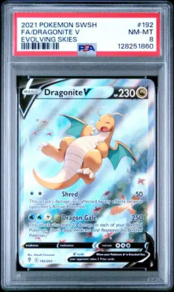 PSA 8 NM/MT 2021 POKEMON SWORD & SHIELD EVOLVING SKIES 192 FULL ART/DRAGONITE V - Image 1
