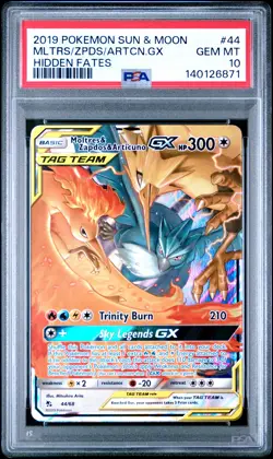2019 POKEMON SUN & MOON HIDDEN FATES #44 MOLTRES & ZAPDOS & ARTICUNO GX PSA 10 - Image 1