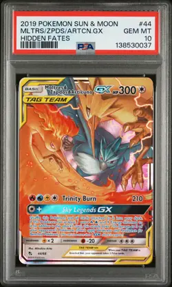 2019 POKEMON SUN & MOON HIDDEN FATES #44 MOLTRES & ZAPDOS & ARTICUNO GX PSA 10 - Image 1