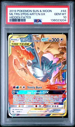2019 POKEMON SUN & MOON HIDDEN FATES #44 MOLTRES & ZAPDOS & ARTICUNO GX PSA 10 - Image 1