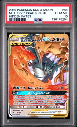2019 POKEMON SUN & MOON HIDDEN FATES #44 MOLTRES & ZAPDOS & ARTICUNO GX PSA 10 - Image 1