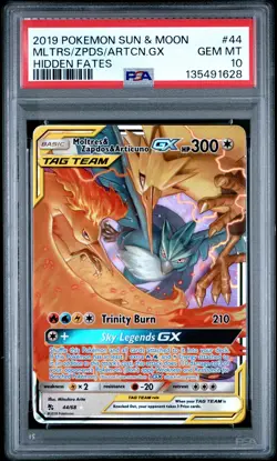 2019 POKEMON SUN & MOON HIDDEN FATES #44 MOLTRES & ZAPDOS & ARTICUNO GX PSA 10 - Image 1