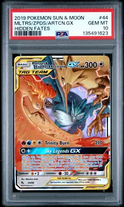 2019 POKEMON SUN & MOON HIDDEN FATES #44 MOLTRES & ZAPDOS & ARTICUNO GX PSA 10 - Image 1
