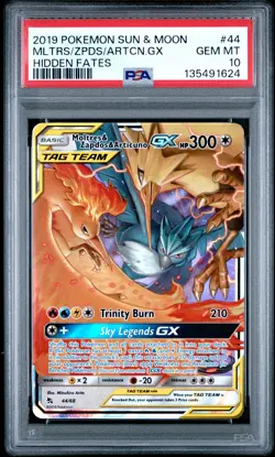2019 POKEMON SUN & MOON HIDDEN FATES #44 MOLTRES & ZAPDOS & ARTICUNO GX PSA 10 - Image 1