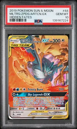 2019 POKEMON SUN & MOON HIDDEN FATES #44 MOLTRES & ZAPDOS & ARTICUNO GX PSA 10 - Image 1