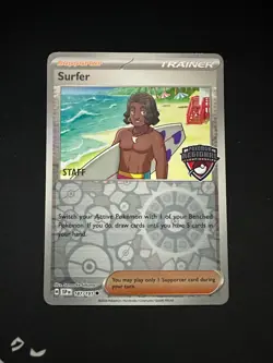 Pokemon Card STAFF Surfer 187/191 Promo Regional Surging Sparks Rev Holo 2024 NM - Image 1