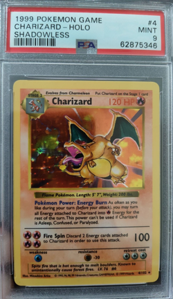 1999 POKEMON BASE SET SHADOWLESS #4 CHARIZARD-HOLO MINT PSA 9 TRADING CARD - Image 1