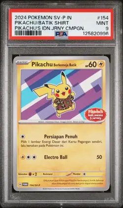PSA 9 GEM MINT Pikachu Berkemeja Batik 154/SV-P Indonesia Journey Stamp Pokemon - Image 1