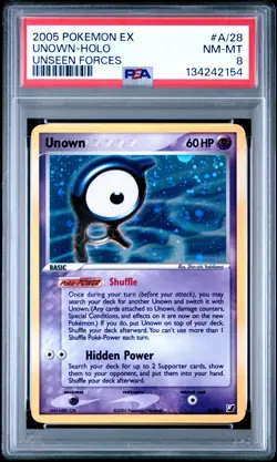 2005 POKEMON EX UNSEEN FORCES #A/28 UNOWN-HOLO PSA 8 - Image 1