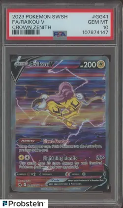 2023 Pokemon TCG SWSH Crown Zenith #GG41 Raikou V FA PSA 10 GEM MINT - Image 1