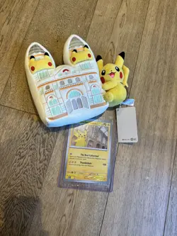 Pokemon Natural History Museum Pikachu Jumbo Promo Card with Toploader & Plush - Image 1