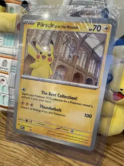 Pokemon Natural History Museum Pikachu Jumbo Promo Card with Toploader & Plush - Image 2