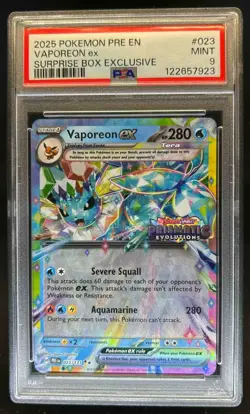 2025 Pokemon Prismatic Vaporeon ex Promos Surprise Box Exclusive #023/131 PSA 9 - Image 1