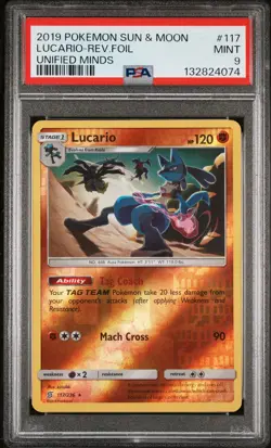 2019 POKEMON SUN & MOON UNIFIED MINDS #117 LUCARIO-REVERSE FOIL PSA 9 - Image 1