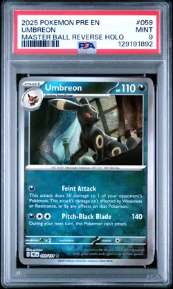 2025 POKEMON PRE EN-PRISMATIC EVOLUTIONS MASTER BALL REVERSE HOLO UMBREON PSA 9 - Image 1