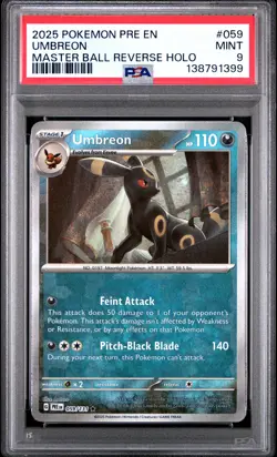2025 POKEMON PRE EN-PRISMATIC EVOLUTIONS MASTER BALL REVERSE HOLO UMBREON PSA 9 - Image 1