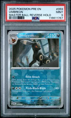 2025 POKEMON PRE EN-PRISMATIC EVOLUTIONS MASTER BALL REVERSE HOLO UMBREON PSA 9 - Image 1