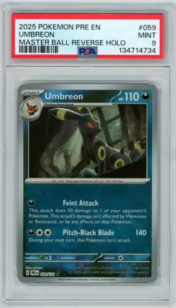 2025 POKEMON PRE EN-PRISMATIC EVOLUTIONS MASTER BALL REVERSE HOLO UMBREON PSA 9 - Image 1