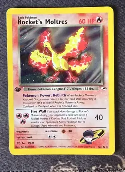 POKEMON TCG - Rocket's Moltres - 12/132 1st Edition Holo Rare Gym Heroes - SWIRL - Image 1