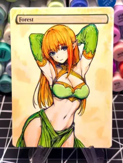 FOREST MTG *Altered Hand Colored Original Art Anime - Redhead Waifu - 12225 - Image 1