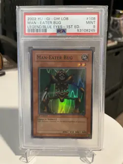 Man-Eater Bug 1st Edition PSA 9 Mint LOB-108 2002 Yugioh Super Rare - Image 1