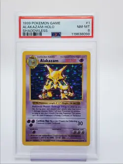 ALAKAZAM 1999 POKEMON GAME SHADOWLESS RARE HOLO 1/102 PSA 8 Q0004 - Image 1