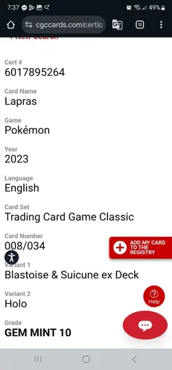 Lapras - Pokemon - CGC 10 GEM MINT - 008/034 CLB TCG - Holo Card English - Image 3