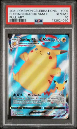 2021 POKEMON CELEBRATIONS #009 FULL ART/SURFING PIKACHU VMAX PSA 10 - Image 1
