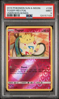 2019 POKEMON SUN & MOON UNBROKEN BONDS #136 TOGEPI-REVERSE FOIL PSA 9 - Image 1