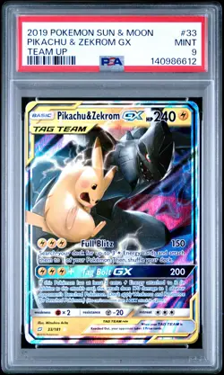 2019 POKEMON SUN & MOON TEAM UP #33 PIKACHU & ZEKROM GX PSA 9 - Image 1