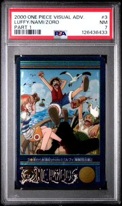 2000 CARDDASS ONE PIECE VISUAL ADVENTURE PART 1 #3 LUFFY/NAMI/ZORO PSA 7 - Image 1