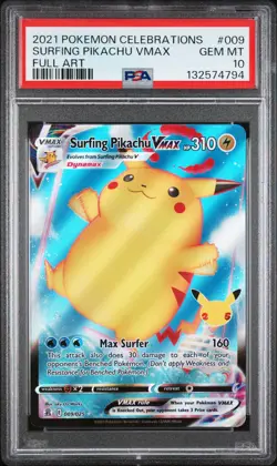 2021 POKEMON CELEBRATIONS #009 FULL ART/SURFING PIKACHU VMAX PSA 10 - Image 1