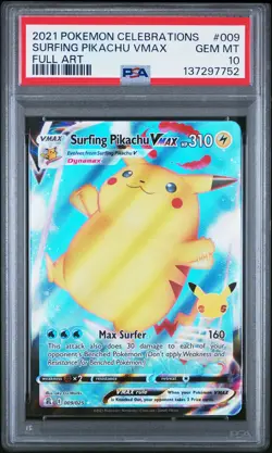 2021 POKEMON CELEBRATIONS #009 FULL ART/SURFING PIKACHU VMAX PSA 10 - Image 1