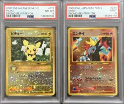 2000 PSA 8/9 POKEMON JAPANESE NEO 2 PROMO REVERSE HOLO PICHU & ENTEI SWIRL SET - Image 1